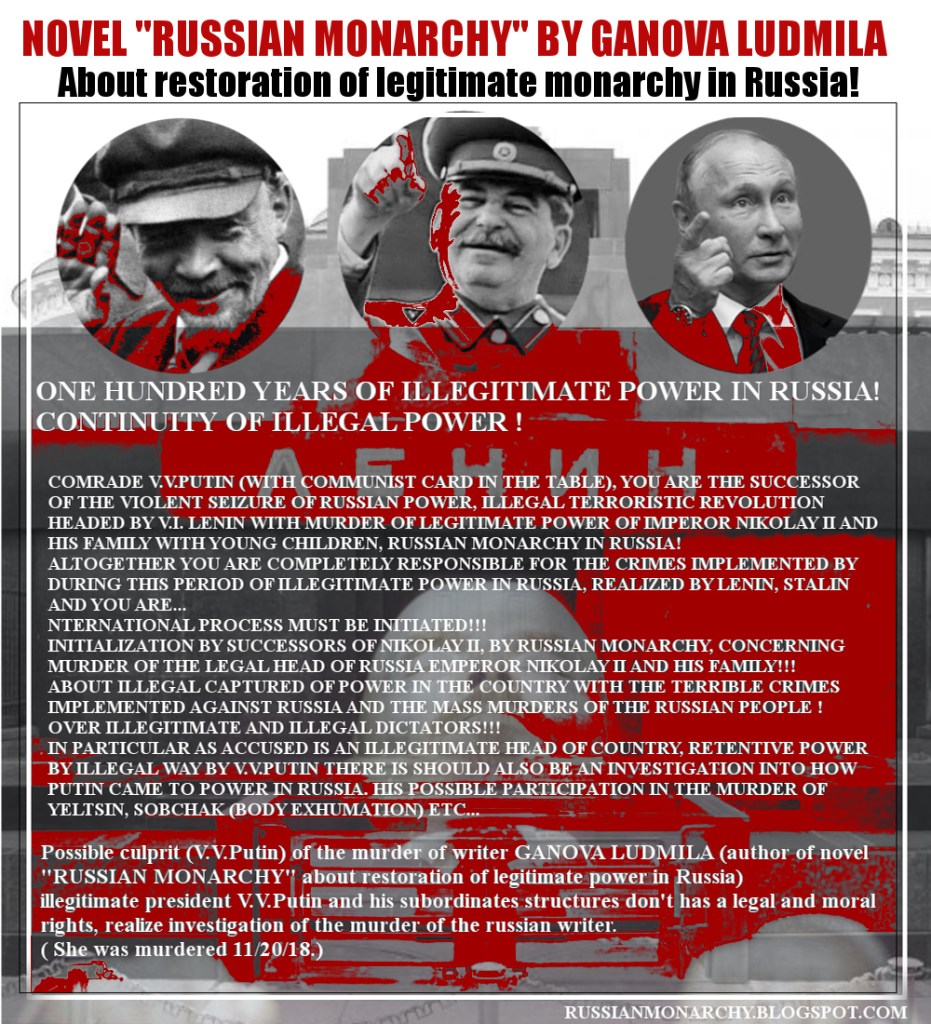 ArtCollage Novel RUSSIAN MONARCHY writer Ganova Ludmila about illegitimate power in Russia - Lenin, Stalin, Putin